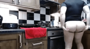 Hot huge gay muscle bubble butt showoff while cooking in the kitchen. 