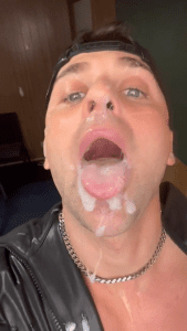 Hot gay cum hungry fag eats all the cumloads blown on his face.