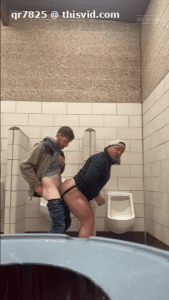 Hot gay public bathroom threesome hookup with hot muscle bottom taking dick.